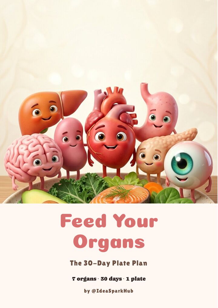 Cover of Feed Your Organs — The 30-Day Plate Plan: cartoon organs standing on a plate of salmon, greens and avocado